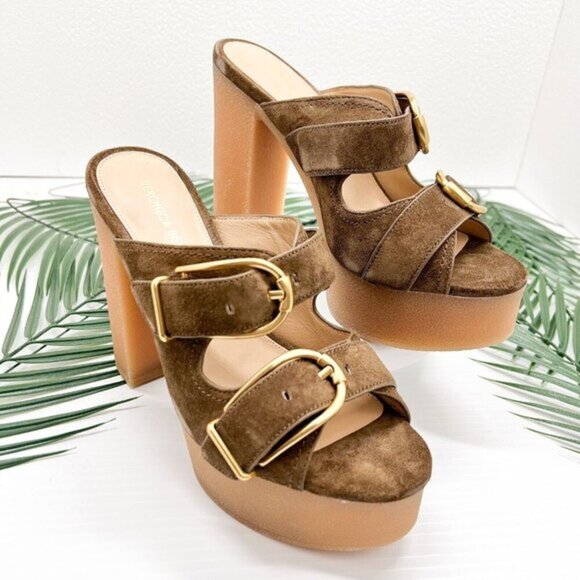 Veronica Beard Garrick Brown Suede Dual Buckle Platform Sandals Size 6.5M NWB - Picture 1 of 11